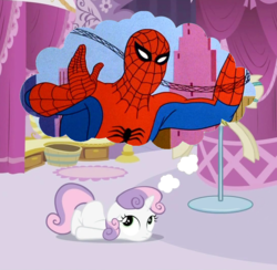Size: 1085x1061 | Tagged: safe, edit, edited screencap, screencap, sweetie belle, human, g4, sisterhooves social, 60s spider-man, cropped, male, meme, spider-man, thought bubble