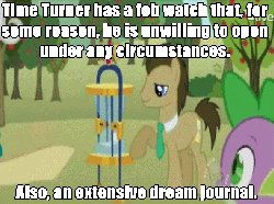 Size: 593x443 | Tagged: safe, edit, edited screencap, screencap, doctor whooves, spike, time turner, dragon, earth pony, pony, g4, the super speedy cider squeezy 6000, doctor who, gif, headcanon, hourglass, john smith, male, non-animated gif, stallion, the doctor