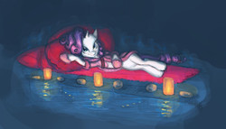 Size: 1260x720 | Tagged: safe, artist:carnifex, rarity, pony, unicorn, g4, bathrobe, candle, clothes, draw me like one of your french girls, featureless crotch, female, legs together, robe, solo, sultry pose, swimming pool