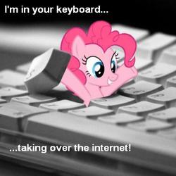 Size: 375x375 | Tagged: safe, pinkie pie, earth pony, pony, g4, arms in the air, artifact, bronybait, caption, female, grin, happy, i hid in your keyboard, image macro, irl, join the herd, keyboard, looking down, mare, meme, photo, ponibooru, smiling, solo, welcome to the herd
