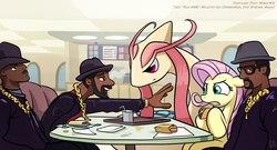 Size: 1177x635 | Tagged: safe, artist:gsphere, fluttershy, human, milotic, g4, cafe, context is for the weak, crossover, fast food, food, pokémon, restaurant, run dmc, taco