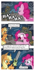 Size: 455x926 | Tagged: safe, artist:don-ko, applejack, pinkie pie, earth pony, pony, zombie, g4, chainsaw, comic, drool, female, gun, laughter song, mare, shotgun, weapon, wide eyes