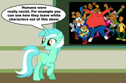 Size: 887x588 | Tagged: safe, lyra heartstrings, human, pony, unicorn, g4, bill cosby, bill cosby (fat albert and the cosby kids), bucky miller, chalkboard, dumb donald, fat albert, fat albert and the cosby kids, human studies101 with lyra, meme, mushmouth, racism, rudy davis, russell cosby, we are going to hell, weird harold