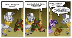 Size: 1024x551 | Tagged: safe, artist:don-ko, twilight sparkle, zecora, pony, unicorn, zebra, bridle gossip, g4, comic, female, mare, mask, twilight flopple, unicorn twilight