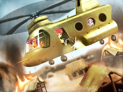 Size: 1100x824 | Tagged: safe, artist:gsphere, apple bloom, scootaloo, sweetie belle, earth pony, pegasus, pony, unicorn, g4, ach-47, boeing, ch-47 chinook, cutie mark crusaders, fire, helicopter, pillaging, vietnam, vietnam war, war