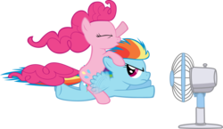 Size: 3938x2286 | Tagged: safe, artist:kurokaji11, pinkie pie, rainbow dash, earth pony, pegasus, pony, g4, electric fan, fan, female, filly, flying, foal, high res, pinkie pie riding rainbow dash, ponies riding ponies, riding, show accurate, simple background, transparent background, windswept hair, windswept mane