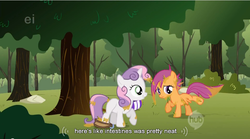 Size: 851x473 | Tagged: safe, screencap, scootaloo, sweetie belle, pegasus, pony, unicorn, g4, my little pony: friendship is magic, the cutie mark chronicles, duo, duo female, female, filly, foal, hub logo, logo, sap, the hub, youtube caption