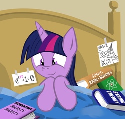 Size: 1062x1015 | Tagged: safe, artist:gsphere, twilight sparkle, pony, g4, bed, book, female, mare, smiling, solo