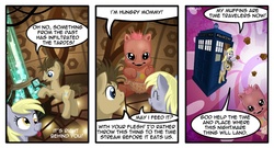 Size: 1024x551 | Tagged: safe, artist:don-ko, derpy hooves, doctor whooves, time turner, earth pony, pegasus, pony, g4, baby, baby pony, butt, comic, doctor who, female, food, male, mare, muffin, nightmare fuel, plot, stallion, tardis, tardis console room, tardis control room, the doctor, time vortex, tongue out
