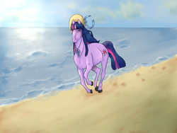 Size: 1024x768 | Tagged: safe, artist:xxmidnightwarriorxx, twilight sparkle, pony, g4, beach, hat, ocean, realistic, running, solo