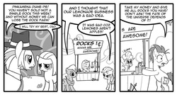 Size: 1024x550 | Tagged: safe, artist:don-ko, applejack, big macintosh, doctor whooves, igneous rock pie, pinkie pie, time turner, earth pony, pony, g4, bipedal, comic, female, filly, male, monochrome, pinkamena diane pie, stallion, wide eyes