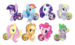 Size: 2013x1196 | Tagged: safe, artist:shazy, applejack, derpy hooves, fluttershy, pinkie pie, rainbow dash, rarity, spike, twilight sparkle, earth pony, pegasus, pony, unicorn, g4, female, horn, mane seven, mane six, mare, simple background, transparent background, unicorn twilight