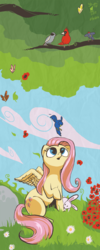 Size: 600x1500 | Tagged: dead source, safe, artist:stripems, fluttershy, bird, butterfly, pegasus, pony, rabbit, g4, animal, female, flower, grass, looking at something, looking up, mare, open mouth, outdoors, raised hoof, sitting, solo, spread wings, under the tree, wings