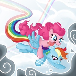 Size: 600x600 | Tagged: safe, artist:don-ko, pinkie pie, rainbow dash, earth pony, pegasus, pony, fanfic:the party hasn't ended, g4, fanfic, fanfic art, female, flying, lesbian, mare, pinkie pie riding rainbow dash, ponies riding ponies, rainbow trail, riding, ship:pinkiedash, shipping
