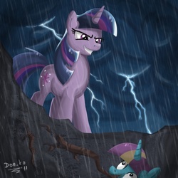 Size: 600x600 | Tagged: safe, artist:don-ko, dewdrop dazzle, twilight sparkle, pony, unicorn, g4, fanfic art, female, lightning, mare, rain, twilight's best friend