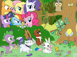 Size: 1024x768 | Tagged: safe, artist:swanlullaby, angel bunny, applejack, fluttershy, gummy, opalescence, peewee, pinkie pie, rainbow dash, rarity, spike, tank, twilight sparkle, winona, parasprite, g4, female, mane seven, mane six