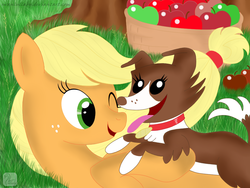 Size: 1024x768 | Tagged: safe, artist:swanlullaby, applejack, winona, dog, pony, g4, apple, basket, female, food, grass, lying down, mare, one eye closed, tree