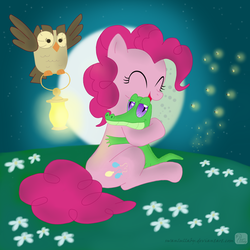 Size: 1024x1024 | Tagged: safe, artist:swanlullaby, gummy, owlowiscious, pinkie pie, g4, cute, diapinkes
