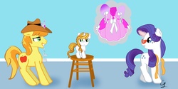Size: 3600x1800 | Tagged: safe, artist:candysnow-09, braeburn, rarity, oc, oc:golden apple, g4, blank flank, clothes, dress, family, female, filly, glasses, male, measuring tape, offspring, parent:braeburn, parent:rarity, parents:rariburn, rariburn, rarity's glasses, shipping, straight