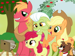 Size: 1024x768 | Tagged: safe, artist:swanlullaby, apple bloom, applejack, big macintosh, granny smith, winona, dog, earth pony, pony, g4, apple siblings, apple sisters, brother and sister, camera, family photo, female, filly, foal, hand, male, mare, siblings, sisters, stallion