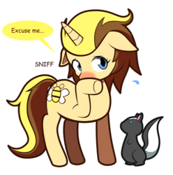 Size: 992x1001 | Tagged: safe, artist:fazzeagle, oc, oc only, oc:honey shine, pony, skunk, animal, embarrassed, smell, sniffing