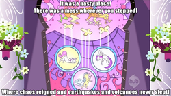 Size: 1010x567 | Tagged: safe, edit, edited screencap, screencap, discord, g4, season 2, the return of harmony, canterlot castle interior, disney, hercules, hub logo, letterboxing, puppet strings, song reference, stained glass, window