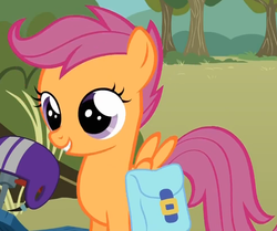 Size: 733x614 | Tagged: safe, scootaloo, pegasus, pony, g4, bag, cute, cutealoo, female, filly, foal, gritted teeth, helmet, saddle bag, scooter, smiling, solo, spread wings, teeth, tree, wings
