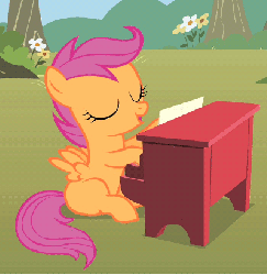 Size: 400x410 | Tagged: safe, screencap, scootaloo, pegasus, pony, g4, the show stoppers, animated, blank flank, cute, cutealoo, eyes closed, female, filly, foal, gif, musical instrument, open mouth, piano, scrunchy face, singing, sitting, spread wings, wings
