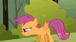 Size: 400x225 | Tagged: safe, screencap, scootaloo, pegasus, pony, g4, the cutie mark chronicles, animated, cropped, ei, female, filly, hub logo, sap, scootaloo can't fly, solo
