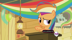 Size: 1280x713 | Tagged: safe, screencap, rainbow dash, scootaloo, pony, g4, season 2, the mysterious mare do well, clubhouse, crusaders clubhouse, female, hub logo, rainbow wig, scrunchy face, solo