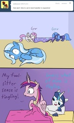 Size: 640x1064 | Tagged: safe, artist:tootootaloo, princess cadance, princess celestia, princess luna, shining armor, trixie, alicorn, pony, unicorn, ask princess luna, g4, bed, bedroom eyes, cewestia, comic, eye contact, eyes on the prize, female, filly, floppy ears, foal, foalsitter, frown, glare, gritted teeth, innuendo, looking at each other, lying down, male, mare, messy mane, mouth hold, on side, open mouth, spread wings, stallion, tug of war, tumblr, underhoof, wide eyes, wings, woona, younger