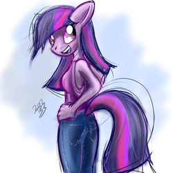Size: 900x900 | Tagged: dead source, safe, artist:bufbaf, twilight sparkle, anthro, g4, clothes, female, jeans, looking at you, looking back, looking back at you, pants, sketch, solo