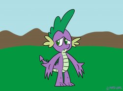 Size: 1280x947 | Tagged: safe, artist:mofetafrombrooklyn, spike, dragon, g4, baby, baby dragon, fangs, frown, green eyes, male, outdoors, purple scales, purple skin, sad, shrug, slit pupils, solo