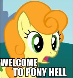 Size: 280x298 | Tagged: safe, edit, edited screencap, screencap, carrot top, golden harvest, earth pony, pony, g4, anti-bronybait, bronybait, caption, everything went better than expected, female, hell, image macro, impact font, mare, meme, nightmare retardant, pony hell, solo, welcome to hell, welcome to the herd