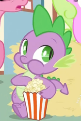 Size: 190x284 | Tagged: safe, screencap, daisy, flower wishes, lily, lily valley, spike, dragon, pony, g4, season 2, the cutie pox, baby, baby dragon, bucket, cropped, cute, eating, female, food, green eyes, hay bale, leaning, male, mare, popcorn, scales, spikabetes