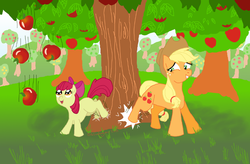 Size: 819x536 | Tagged: safe, artist:bibliodragon, apple bloom, applejack, g4, apple, tree