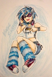 Size: 600x877 | Tagged: safe, artist:slifertheskydragon, dj pon-3, vinyl scratch, human, g4, clothes, converse, denim skirt, eared humanization, female, headphones, horn, horned humanization, humanized, leg warmers, midriff, rave, shoes, skirt, sneakers, solo, traditional art