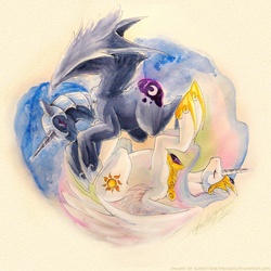 Size: 900x900 | Tagged: safe, artist:slifertheskydragon, nightmare moon, princess celestia, alicorn, pony, g4, eyes closed, female, mare, traditional art, watercolor painting, yin-yang