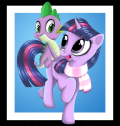 Size: 900x947 | Tagged: safe, artist:macflash2, spike, twilight sparkle, dragon, pony, unicorn, g4, clothes, dragons riding ponies, female, male, mare, riding, scarf