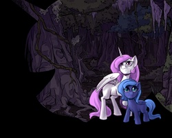Size: 1280x1024 | Tagged: safe, artist:robd2003, princess celestia, princess luna, pony, moon-fall, g4, dark, filly, foal, forest, pink-mane celestia, wallpaper, woona, younger