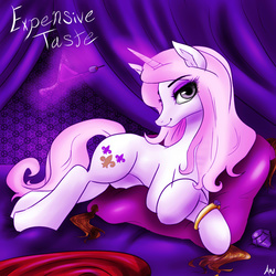 Size: 2000x2000 | Tagged: safe, artist:animecreator, fleur-de-lis, pony, unicorn, bed, bedroom eyes, bracelet, crossed hooves, drink, eyelashes, female, high res, jewelry, looking at you, mare, pillow, prone, ring, smiling, solo