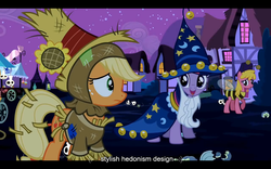 Size: 1024x640 | Tagged: safe, screencap, applejack, cherry berry, star swirl the bearded, twilight sparkle, g4, luna eclipsed, animal costume, bee costume, clothes, cosplay, costume, nightmare night costume, star swirl the bearded costume, twilight the bearded, youtube caption