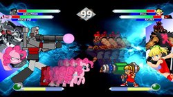Size: 1191x670 | Tagged: safe, pinkie pie, g4, capcom, crossover, mega man (series), megatron, street fighter, transformers, video game
