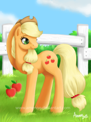 Size: 400x533 | Tagged: safe, artist:amenoo, applejack, earth pony, pony, g4, female, mare, obligatory apple, solo