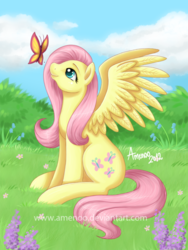 Size: 400x533 | Tagged: safe, artist:amenoo, fluttershy, butterfly, pegasus, pony, g4, female, grass, looking at something, looking up, mare, outdoors, profile, sitting, sky, smiling, solo, spread wings, wings
