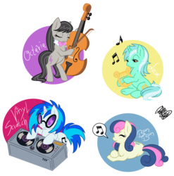 Size: 1404x1421 | Tagged: safe, artist:zykalia, bon bon, dj pon-3, lyra heartstrings, octavia melody, sweetie drops, vinyl scratch, g4, bipedal, cello, harp, musical instrument, simple background, singing, transparent background, turntable