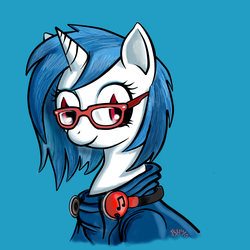 Size: 1000x1000 | Tagged: safe, artist:turbosolid, dj pon-3, vinyl scratch, pony, unicorn, g4, blue background, clothes, cute, female, glasses, headphones, hipster, hoodie, looking at you, mare, meganekko, nerd, signature, simple background, smiling, solo, vinylbetes