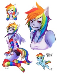 Size: 720x900 | Tagged: safe, artist:reituki, rainbow dash, anthro, g4, ambiguous facial structure, anthro with ponies, bust, clothes, dashface, female, rainbow socks, socks, stockings, striped socks, tank top