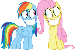 Size: 680x455 | Tagged: safe, artist:grinning-alex, fluttershy, rainbow dash, g4, may the best pet win, animated, creepy, cursed image, faic, female, grin, nightmare fuel, rapeface, smiling, when you see it