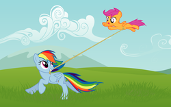 Size: 2560x1600 | Tagged: safe, artist:capt-nemo, rainbow dash, scootaloo, pegasus, pony, g4, assisted flying, duo, female, filly, flying, foal, mare, rope, scootaloo can fly, scootalove